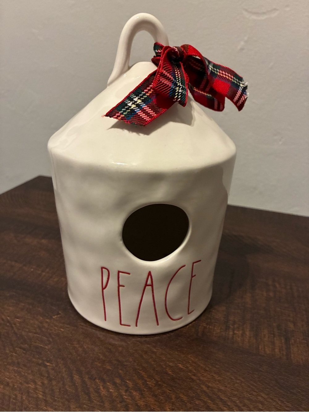 Rae Dunn White Ceramic 'PEACE' Birdhouse with Red Plaid Bow